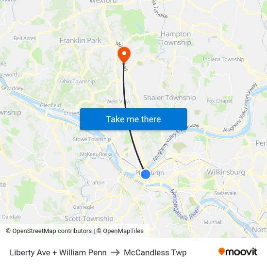 Liberty Ave + William Penn to McCandless Twp map