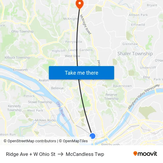 Ridge Ave + W Ohio St to McCandless Twp map