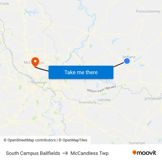 South Campus Ballfields to McCandless Twp map