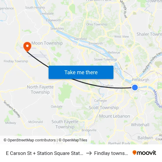 E Carson St + Station Square Station to Findlay township map