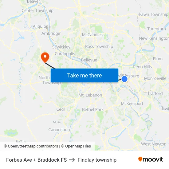 Forbes Ave + Braddock FS to Findlay township map