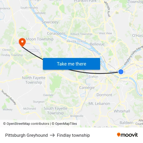 Pittsburgh Greyhound to Findlay township map