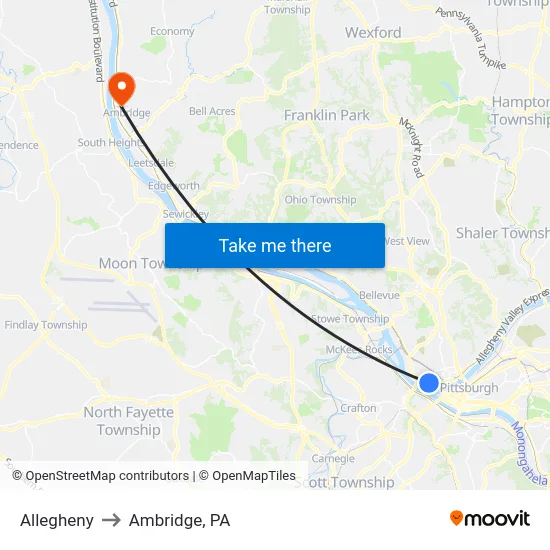 Allegheny to Ambridge, PA map
