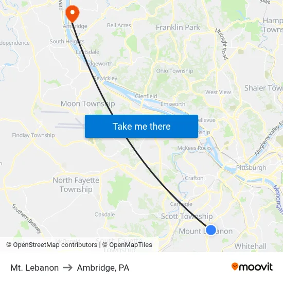 Mt. Lebanon to Ambridge, PA map