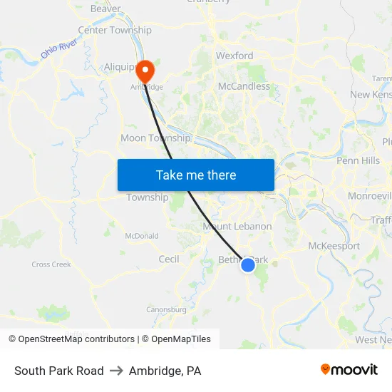 South Park Road to Ambridge, PA map
