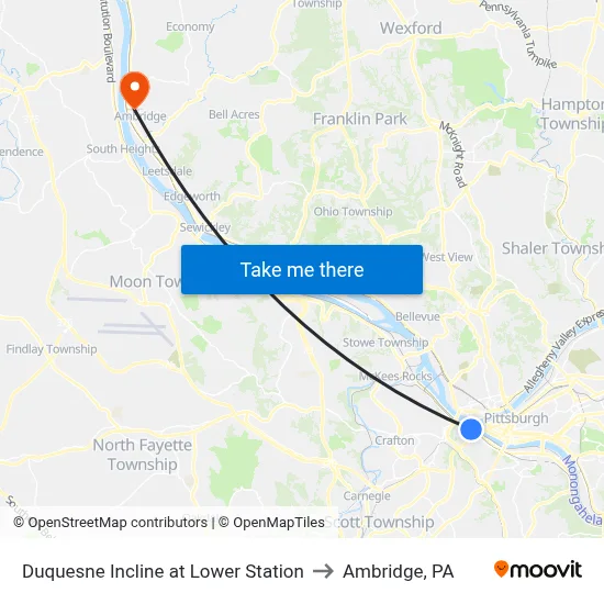 Duquesne Incline at Lower Station to Ambridge, PA map