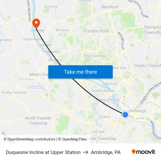 Duquesne Incline at Upper Station to Ambridge, PA map