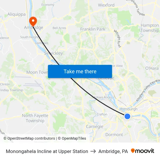Monongahela Incline at Upper Station to Ambridge, PA map