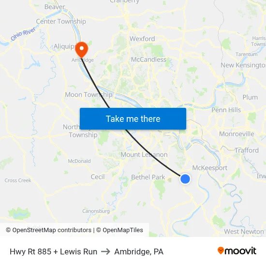 Hwy Rt 885 + Lewis Run to Ambridge, PA map