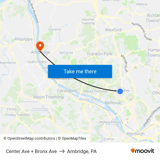 Center Ave + Bronx Ave to Ambridge, PA map