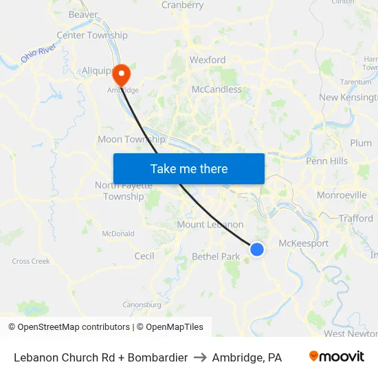 Lebanon Church Rd + Bombardier to Ambridge, PA map