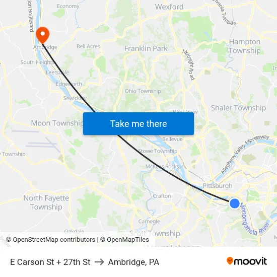 E Carson St + 27th St to Ambridge, PA map