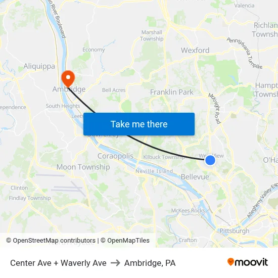 Center Ave + Waverly Ave to Ambridge, PA map