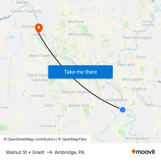 Walnut St + Grant to Ambridge, PA map