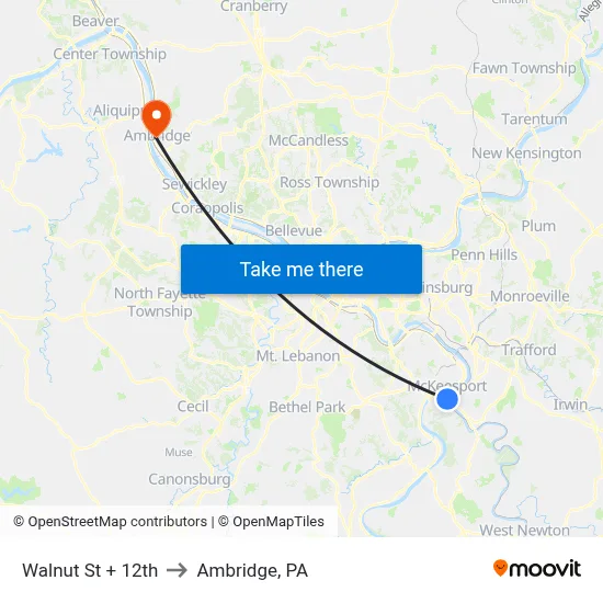 Walnut St + 12th to Ambridge, PA map