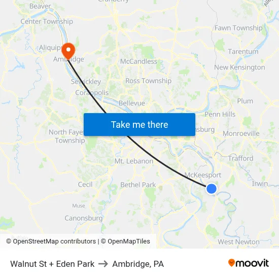 Walnut St + Eden Park to Ambridge, PA map