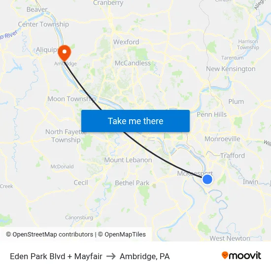Eden Park Blvd + Mayfair to Ambridge, PA map