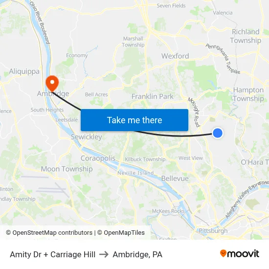 Amity Dr + Carriage Hill to Ambridge, PA map