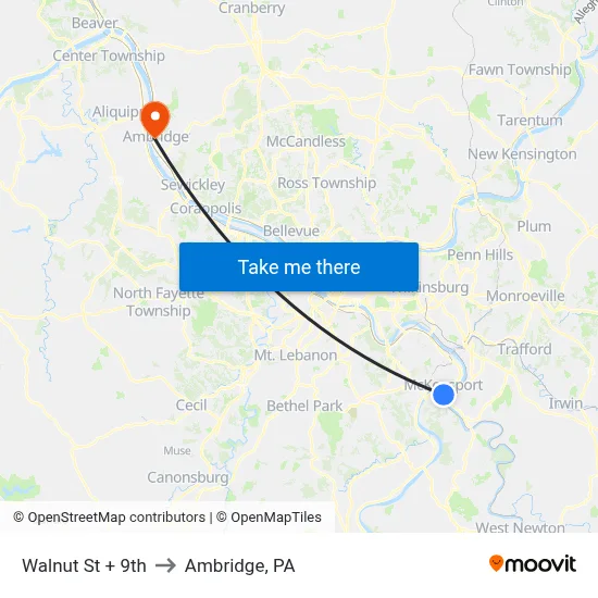 Walnut St + 9th to Ambridge, PA map