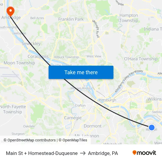 Main St + Homestead-Duquesne to Ambridge, PA map