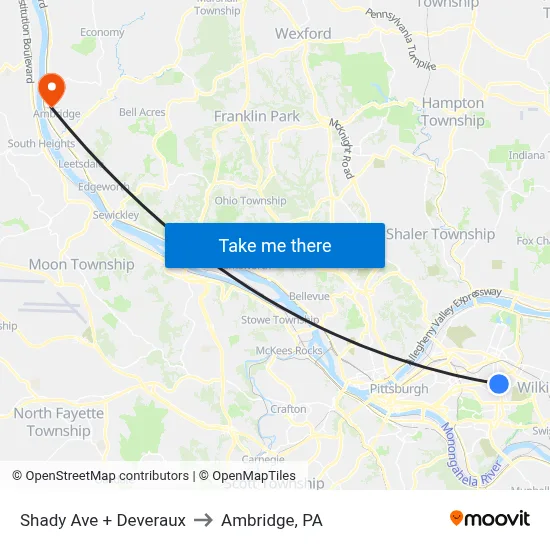 Shady Ave + Deveraux to Ambridge, PA map