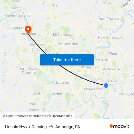 Lincoln Hwy + Denning to Ambridge, PA map