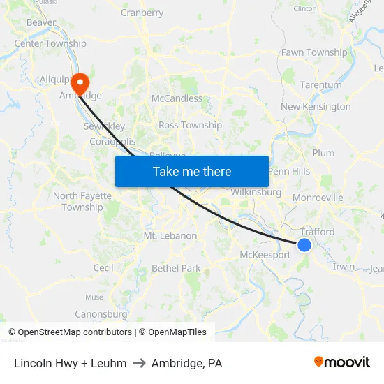 Lincoln Hwy + Leuhm to Ambridge, PA map