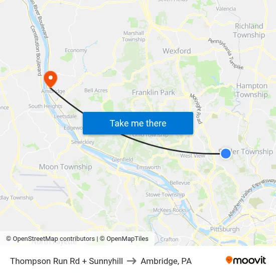 Thompson Run Rd + Sunnyhill to Ambridge, PA map