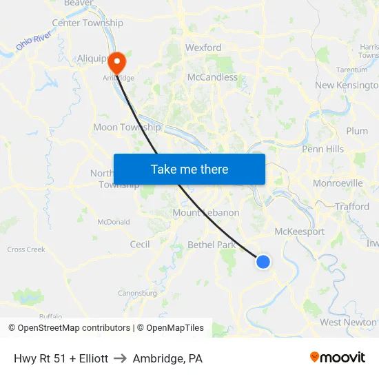 Hwy Rt 51 + Elliott to Ambridge, PA map
