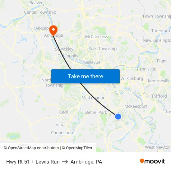 Hwy Rt 51 + Lewis Run to Ambridge, PA map