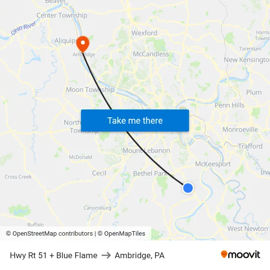 Hwy Rt 51 + Blue Flame to Ambridge, PA map