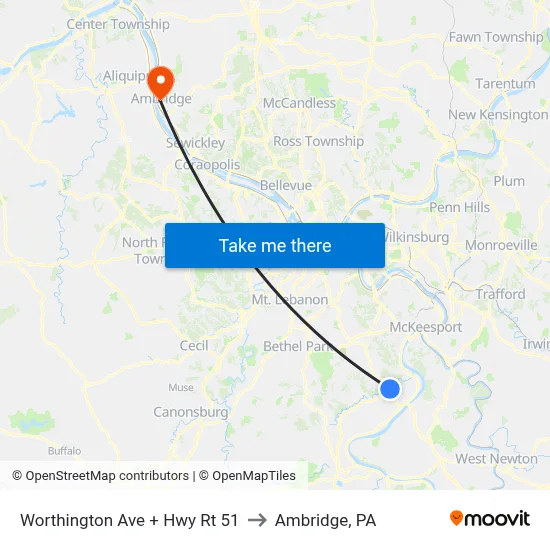 Worthington Ave + Hwy Rt 51 to Ambridge, PA map