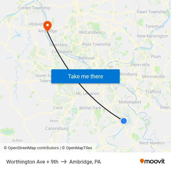 Worthington Ave + 9th to Ambridge, PA map