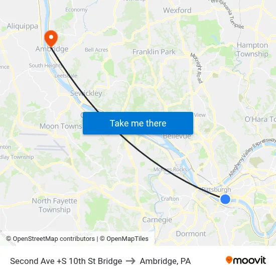 Second Ave +S 10th St Bridge to Ambridge, PA map
