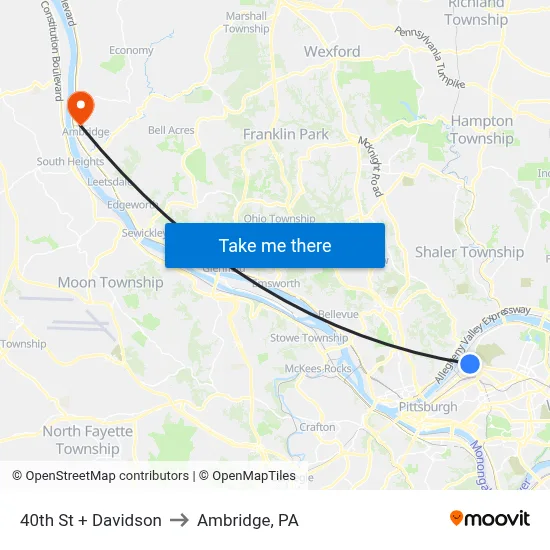 40th St + Davidson to Ambridge, PA map