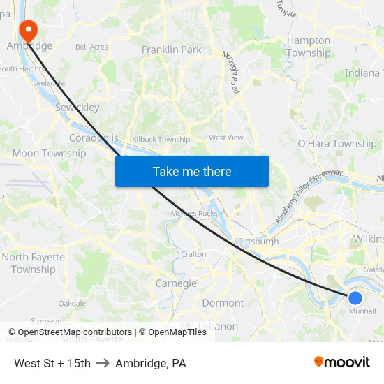 West St + 15th to Ambridge, PA map