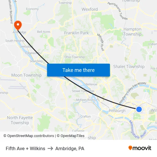 Fifth Ave + Wilkins to Ambridge, PA map
