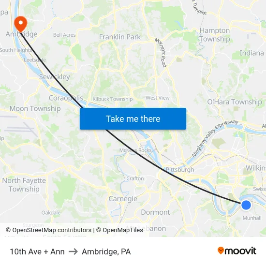 10th Ave + Ann to Ambridge, PA map