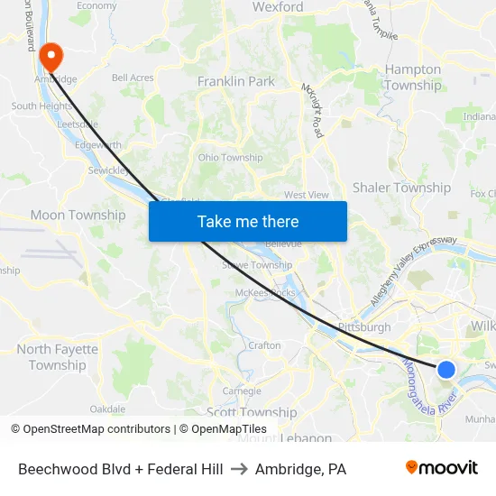 Beechwood Blvd + Federal Hill to Ambridge, PA map