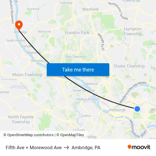 Fifth Ave + Morewood Ave to Ambridge, PA map