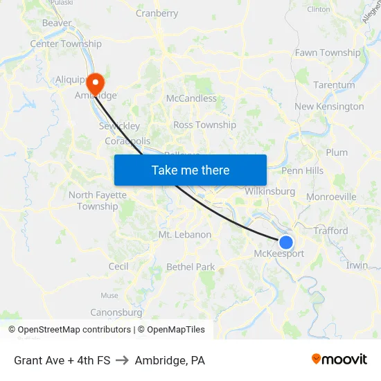 Grant Ave + 4th FS to Ambridge, PA map