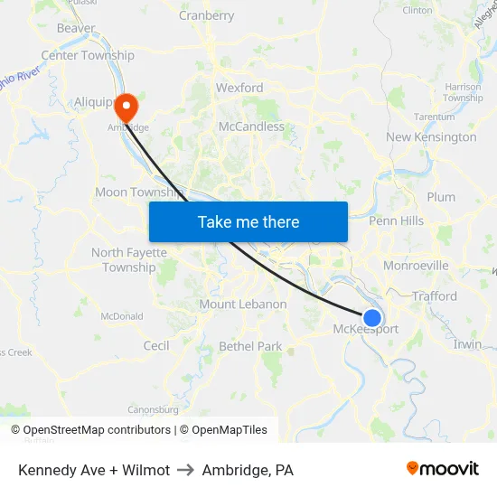 Kennedy Ave + Wilmot to Ambridge, PA map