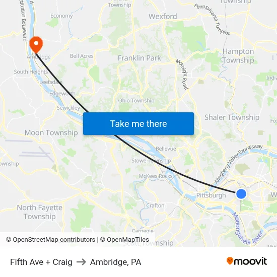 Fifth Ave + Craig to Ambridge, PA map