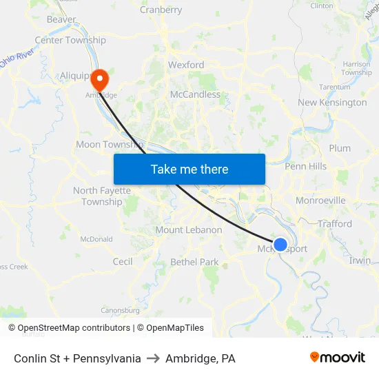 Conlin St + Pennsylvania to Ambridge, PA map