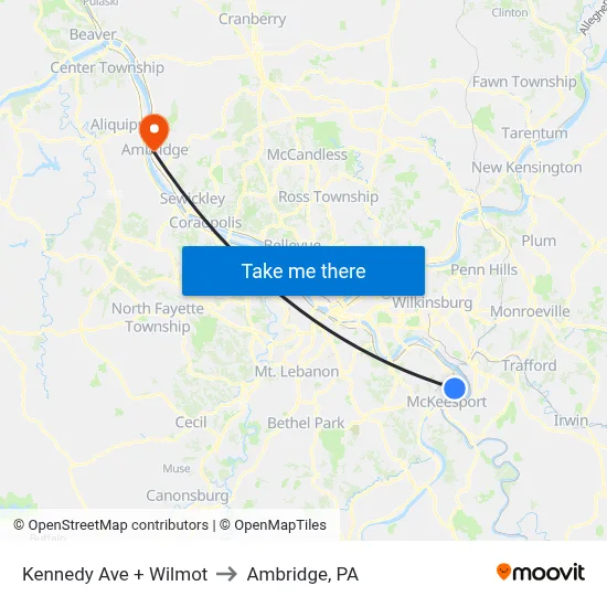 Kennedy Ave + Wilmot to Ambridge, PA map