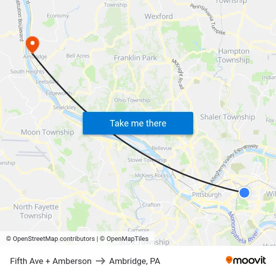 Fifth Ave + Amberson to Ambridge, PA map