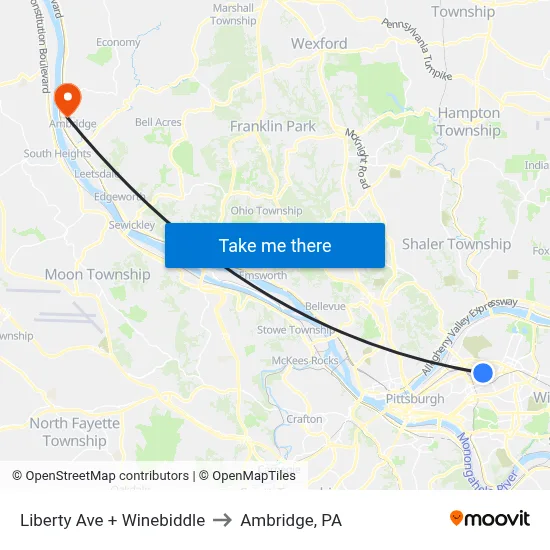 Liberty Ave + Winebiddle to Ambridge, PA map