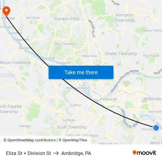 Eliza St + Division St to Ambridge, PA map