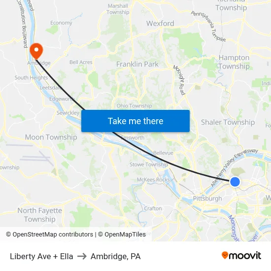Liberty Ave + Ella to Ambridge, PA map