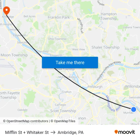 Mifflin St + Whitaker St to Ambridge, PA map